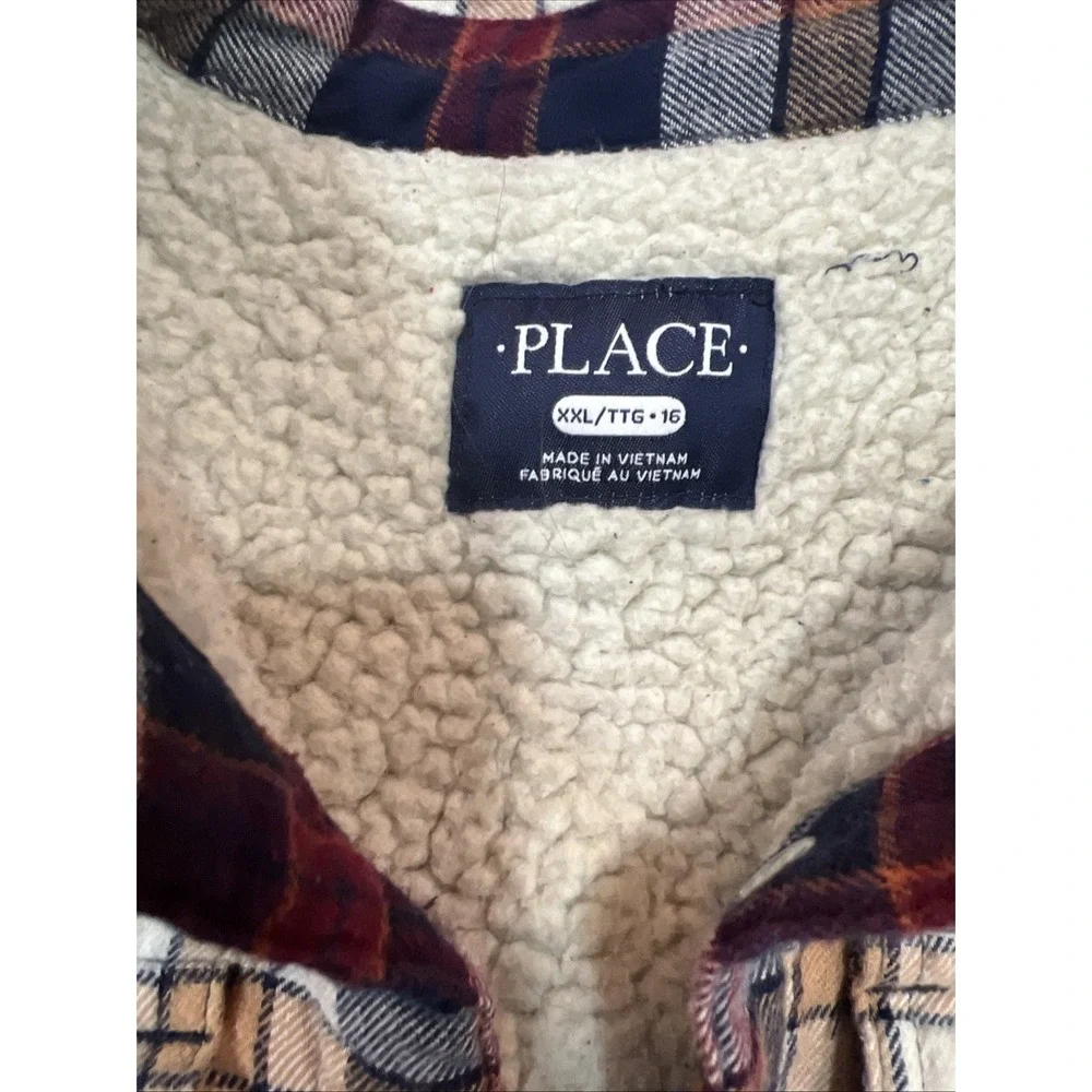 Children's Place Button Up Sherpa Sz XXL 16 Maroon Plaid Pockets Long Sleevewarm